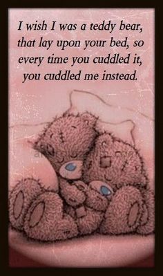 a teddy bear sitting on top of a bed with the caption i wish i was a teddy bear, that lay upon your bed, so every time you cuddled if you