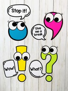 the cut outs for sesame street characters are displayed on a white wooden background with text bubbles and question marks