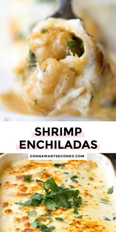 shrimp enchiladas in a white casserole dish with cheese and parsley