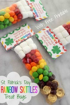 st patrick's day rainbow skittles treat bags with gold coins and candy