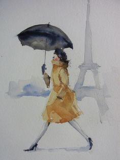 a watercolor painting of a woman walking in front of the eiffel tower