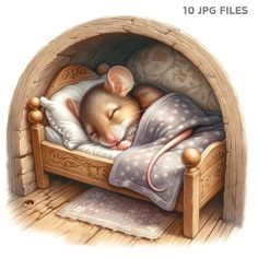 a painting of a mouse sleeping in a bed