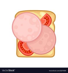 two slices of bread with ham and tomatoes on them, top view isolated on white background