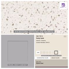 some white and grey colors with the words victoria crystal ice quartz