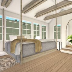 a rendering of a bedroom with a bed, chair and plant on the floor in front of large windows