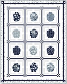 a blue and white quilt with many vases on the front, in different sizes