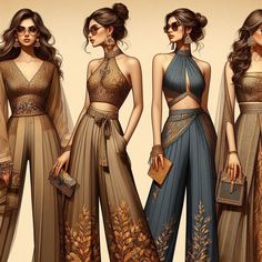 elegant dresses, jumpsuits and pants. saree inspired designs. Pants Saree, Modern Egyptian Fashion, Egyptian Warrior, Fashion Show Poster, Digital Fashion Illustration, Egyptian Fashion, Fashion Design Books, Fancy Dresses Long