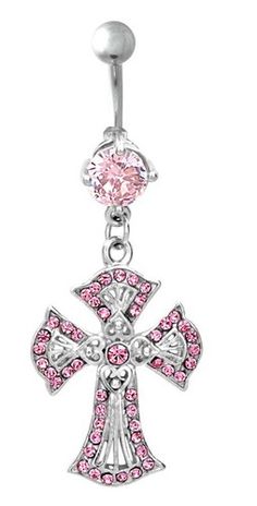 a pink crystal cross belly ring