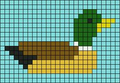 a cross stitch pattern with a duck in green, yellow and brown colors on a blue background