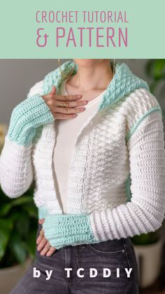 a woman wearing a white and blue crochet jacket with text overlay that says,