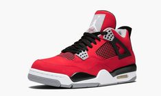 Flipping around the original Chicago Bulls color schemes of the Air Jordan 4, this 2013 release features a predominantly red upper with with black, white, and grey accents.  Thanks to it OG color palette, the “Toro Bravo” Air Jordan 4 has become one of the most popular non-OG colorways of the shoe ever, now sought out by many that originally slept on it. Black Cat 4s, Basketball Shoes For Men, Dr Shoes, Air Jordan 5 Retro, Design Shoes, Jordan 4 Retro, Air Jordan 4, Air Jordan 4 Retro, University Blue