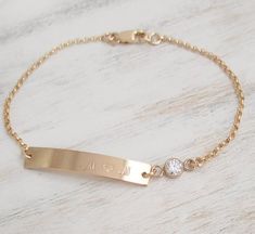 Nameplate Gold Bar Bracelet 14K Gold Filled CZ Bezel Set Stone Personalized Custom Font/ Initials/ N Gold Bridesmaid Bracelet, Bar Bracelet Personalized, Dainty Designs, Gold Bar Bracelet, Kids Bracelet, Customized Bridesmaid Gifts, Shark Tooth Necklace, Bridesmaid Gifts Jewelry, Bar Bracelet