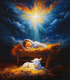 a painting of a baby jesus laying in the manger with his lamb and shining star above him