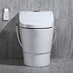 a white toilet sitting next to a wall with a remote control on it's side