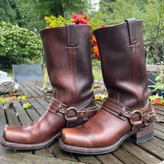 Brown Leather Boots, Vintage Belted Harness, Excellent Like-New Condition, Superior Construction, Mid-Calf Height, Chunky Stacked Leather Heel, Neoprene Sole. Rugged Brown Moto Boots For Biker Events, Moto Boots With Snip Toe For Biker Events, Brown Biker Moto Boots For Biker Events, Brown Biker Style Moto Boots For Biker Events, Vintage Leather Moto Boots For Biker Events, Fall Moto Boots For Biker Events With Snip Toe, Fall Snip Toe Moto Boots For Biker Events, Snip Toe Moto Boots For Biker Events In Fall, Boots Vintage