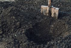 shovel stuck in the ground with dirt