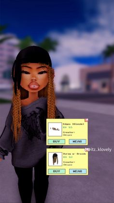 an animated image of a woman with braids on her head and long hair, standing in front of a city street