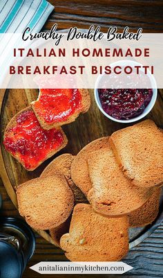 bread and jams on a plate with the words italian homemade breakfast biscotti