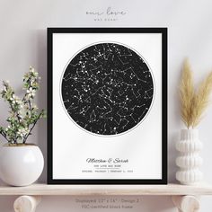 a black and white map of the night sky with stars in it, framed on a shelf