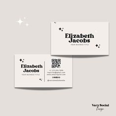 two business cards with the words elizabeth jacobs written in black and white on them