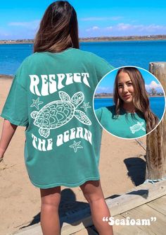 Get OBSESSED with the Coconut Girl Aesthetic and Ocean Inspired Style with this cute Respect the Ocean Sea Turtle Shirt! This Beachy Comfort Colors® Tshirt is perfect for Summer or a Beach Vacation! Super comfy! Size up for a Trendy Oversized Look! ♥ Hello and Welcome to Meaningful Tees Shop! ♥ Models are wearing Comfort Colors® Seafoam, Watermelon, Chalky Mint ♥ All of our items are made one at a time with care for each customer : ) ♥ Please allow 3-7 BUSINESS days (usually 3-5) for your item t Beach Themed Shirts, Sea Turtle Shirt, Swag Ideas, Turtle Shirts, Comfort Colors Tshirt, Digital Ink, Shirts Summer, Coconut Girl, Ocean Inspired