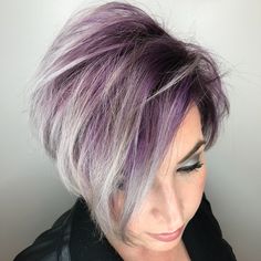 Grey Violet Hair, Grey Hair With Purple, Grey Hair With Purple Highlights, Hair With Purple Highlights, Silver Purple Hair, Grey Hair Ideas, Hair With Purple