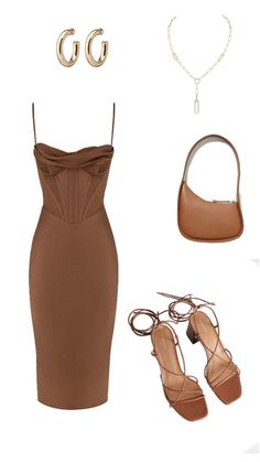 Bridal Dinner Outfit Guest, Brown Outfits For Women Summer, Neutral Dresses Wedding Guest, Brown Semi Formal Dress, Brown Cocktail Dress Outfit, Mocha Dress Outfit, Chocolate Brown Wedding Guest Dress, Shades Of Brown Party Outfits, Brown Wedding Guest Outfit