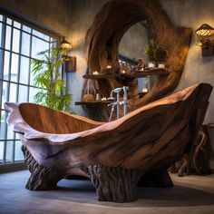 a large wooden bathtub sitting next to a window