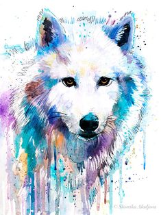 a painting of a wolf's face with watercolor paint splatters on it