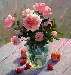 a painting of pink roses and strawberries in a glass vase on a white table