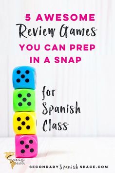 five colorful dices stacked on top of each other with the words 5 awesome review games you can prep in a snap