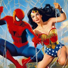 a painting of a woman and spider man in front of a net with the sky behind them