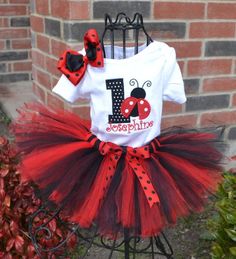 a red and black ladybug birthday tutule outfit with matching hair bow