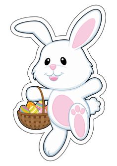 a cartoon bunny holding an easter basket with eggs in it's paws and smiling