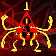 a red and yellow graphic with an evil looking creature in the center