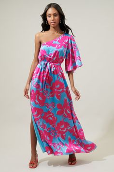 Mahalo Floral Meara One Shoulder Satin Maxi Dress – Sugarlips Blue One Shoulder Maxi Dress For Spring, Pink Satin One Shoulder Dress For Summer, Floral Print One Shoulder Evening Dress, Summer Satin One Shoulder Dress With Asymmetrical Neckline, Summer Satin One-shoulder Dress With Asymmetrical Neckline, One Shoulder Satin Dress With Asymmetrical Neckline For Summer, Pink Silk One-shoulder Dress, Spring One Shoulder Printed Dresses, One-shoulder Floral Print Evening Dress