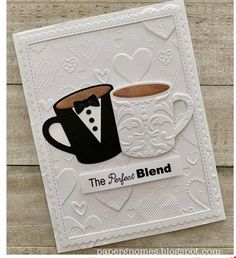 a handmade card with a coffee cup and bow tie on it, the perfect blend