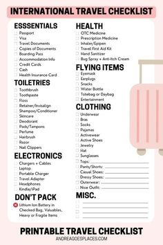 a travel checklist with pink luggage and the words international travel checklist on it