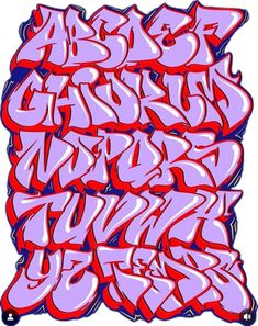 an image of graffiti written in red and purple