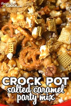 crock pot salted caramel party mix in a red bowl with text overlay