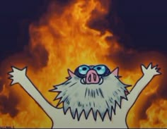 a cartoon character standing in front of a fire with his arms up and eyes wide open