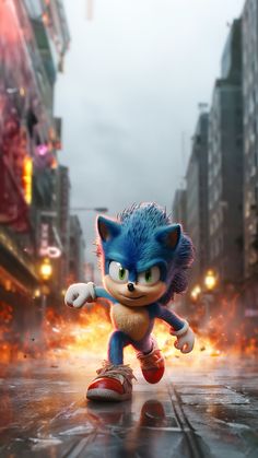 sonic the hedgehog is running through the city in an animated video game, with fire coming out of his mouth