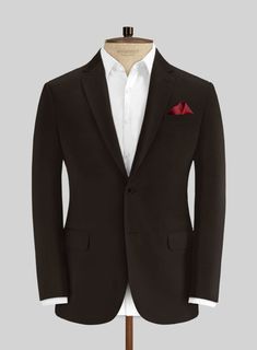 You can demand a little more for your style with our Italian Dark Brown Cotton Stretch Suit that will be a handsome addition to your smart casual and formal wardrobe. Crafted from cotton lycra blend, the tailored suit with a dark brown hue is suitable for weddings, sports events, and for other formal occasions that will let you enter the new world of modern style.  Look Includes   Italian Dark Brown Cotton Stretch Fabric  Two Button Jacket Style  Notch Lapel  Horn Brown Buttons  Single Vent  Thr