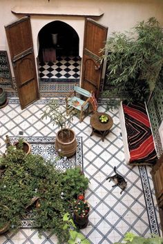 an aerial view of a patio with potted plants on the floor and doors open