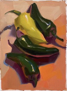 an oil painting of peppers on a table