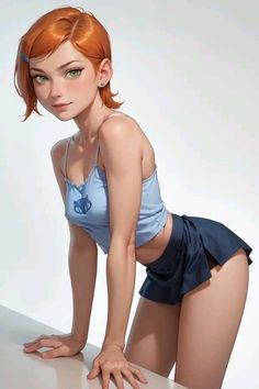 a woman with red hair and green eyes is leaning on a white surface wearing a blue swimsuit