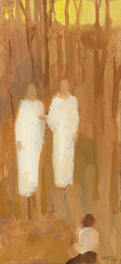 an oil painting of two people in the woods