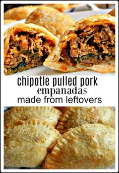 some food that is cut in half and on top of each other with the words chipped pulled pork empanadas made from leftovers