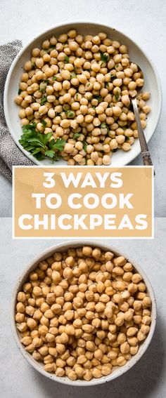 three bowls filled with chickpeas and the words 3 ways to cook chick peas