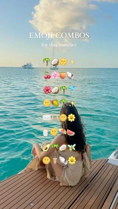 a woman sitting on top of a wooden dock next to the ocean with emoj combos for the summer